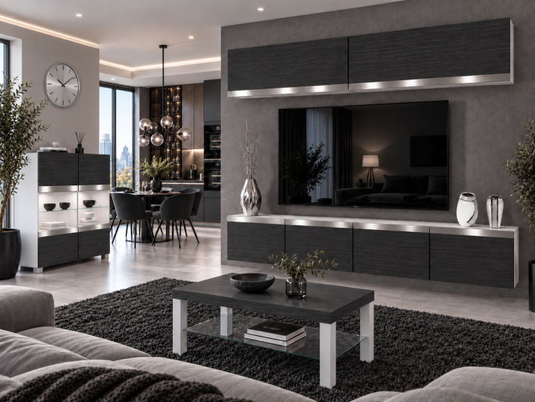 Mobilă sufragerie Prestige 200 cm TV/RTV negru eban Producent IMP P Brando 6/5/W/HK/0/0/SL