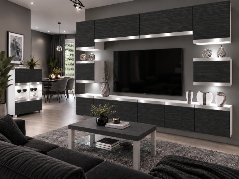 Mobilă de sufragerie Prestige 300 cm TV/RTV negru abanos Producător IMP P Tarantino 3/5/W/HK/0/0/SL