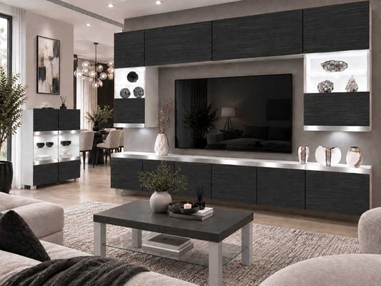 Mobilă de sufragerie  Prestige 300 cm TV/RTV negru abanos Producent IMP P1 Nolan 1/5/W/HK/0/0/SL
