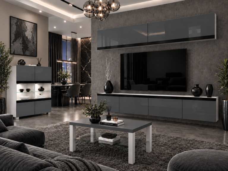 Mobilă de sufragerie Prestige 200 cm TV/RTV gri lucios Producător IMP P Brando 6/5/W/S/0/0/CS