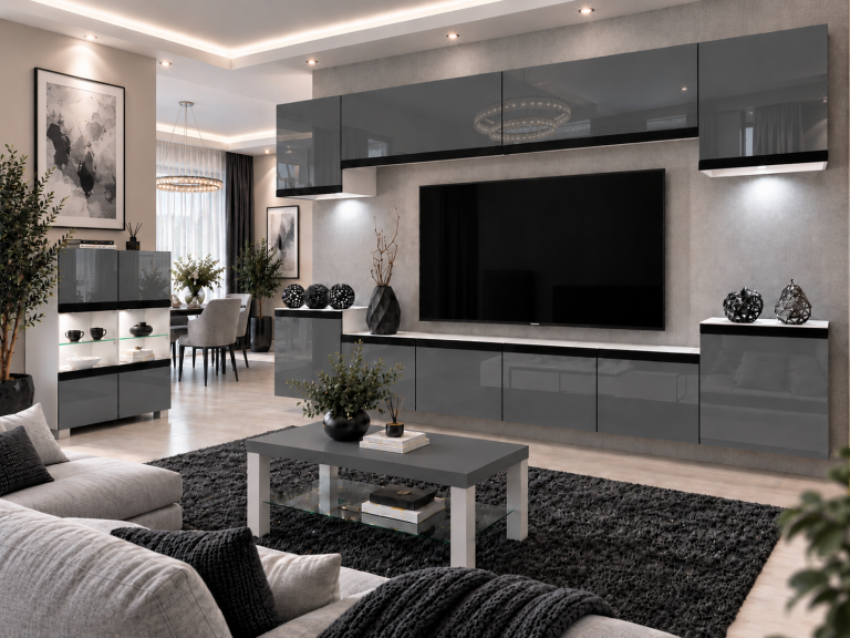 Mobilă de sufragerie Prestige 300 cm TV/RTV gri lucios Producător IMP P Hepburn 4/5/W/S/0/0/CM