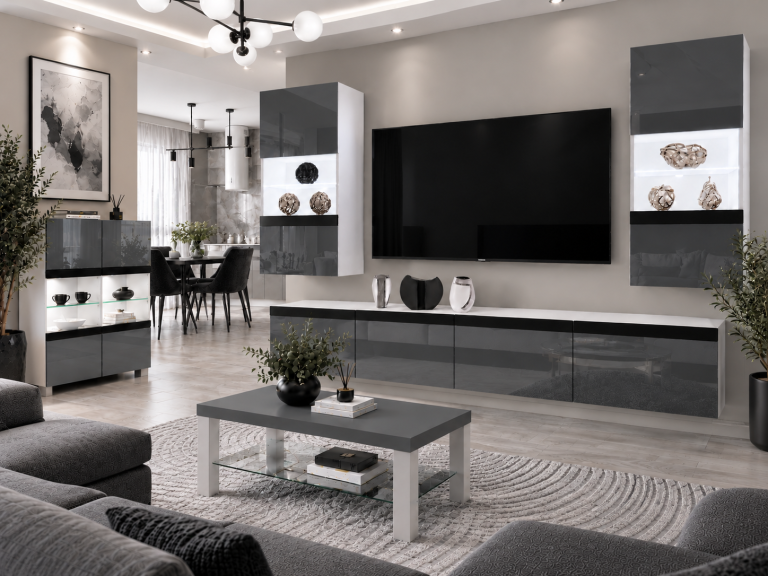 Mobilă sufragerie Prestige 200 cm pentru TV/RTV, gri lucios, Producător: IMP P Keanu 7/5/W/S/0/0/CS
