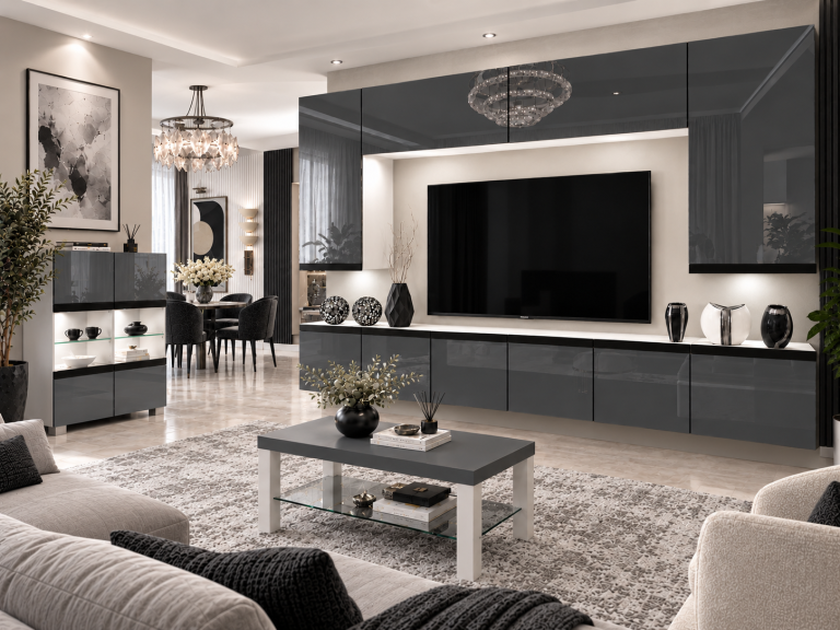 Mobilă de sufragerie Prestige 300 cm TV/RTV gri lucios Producător IMP P Monroe 2/5/W/S/0/0/CM
