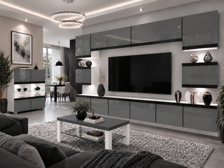 Mobilă de sufragerie  Prestige 300 cm TV/RTV gri lucios Producător IMP P Tarantino 3/5/W/S/0/0/CM