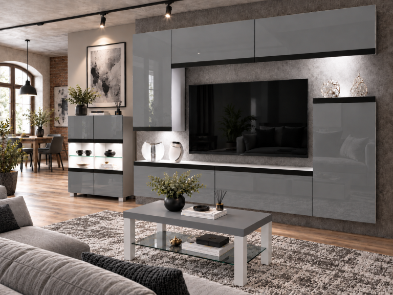 Mobilă sufragerie Prestige 250 cm pentru TV/RTV, gri lucios, Producător: IMP P Woody 8/5/W/S/0/0/CM