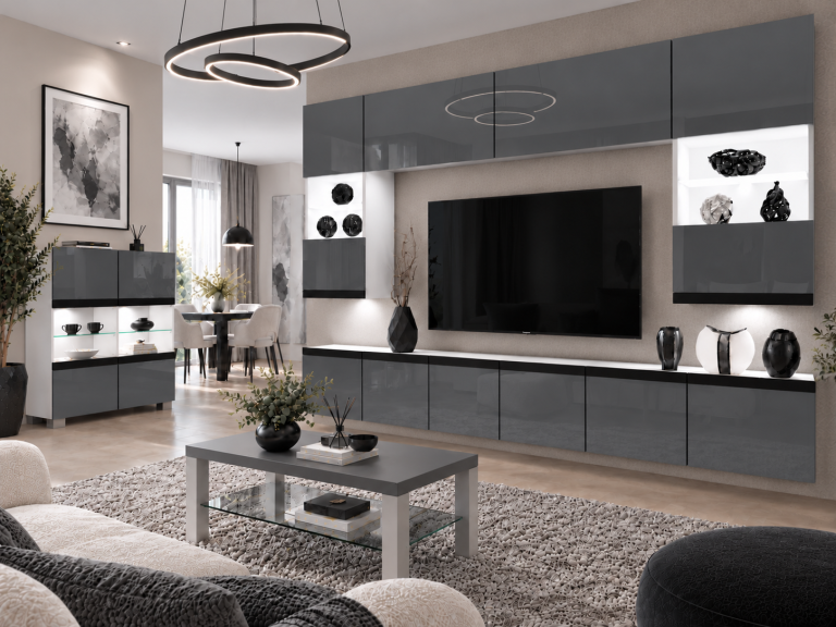 Mobilă de sufragerie Prestige 300 cm TV/RTV gri lucios Producător IMP P1 Nolan 1/5/W/S/0/0/CM