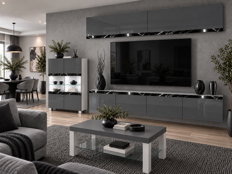 Mobilă de sufragerie Prestige 200 cm TV/RTV gri lucios Producător IMP P Brando 6/5/W/S/0/0/CS