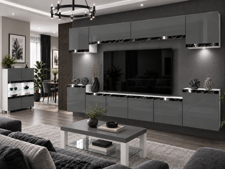 Mobilă de sufragerie Prestige 300 cm TV/RTV gri lucios Producător IMP P Hepburn 4/5/W/S/0/0/CS