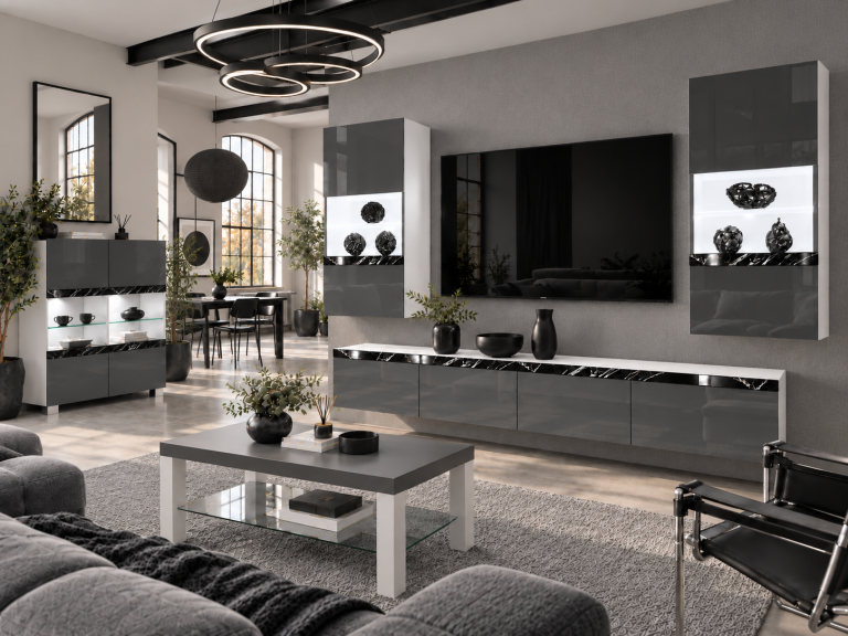 Mobilă sufragerie Prestige 200 cm pentru TV/RTV, gri lucios, Producător: IMP P Keanu 7/5/W/S/0/0/CS