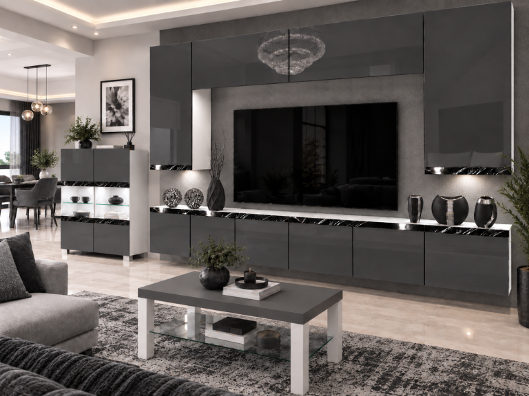 Mobilă de sufragerie Prestige 300 cm TV/RTV gri lucios Producător IMP P Monroe 2/5/W/S/0/0/CS