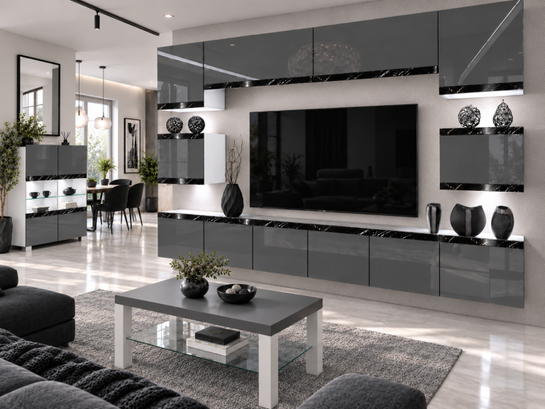 Mobilă de sufragerie  Prestige 300 cm TV/RTV gri lucios Producător IMP P Tarantino 3/5/W/S/0/0/CS