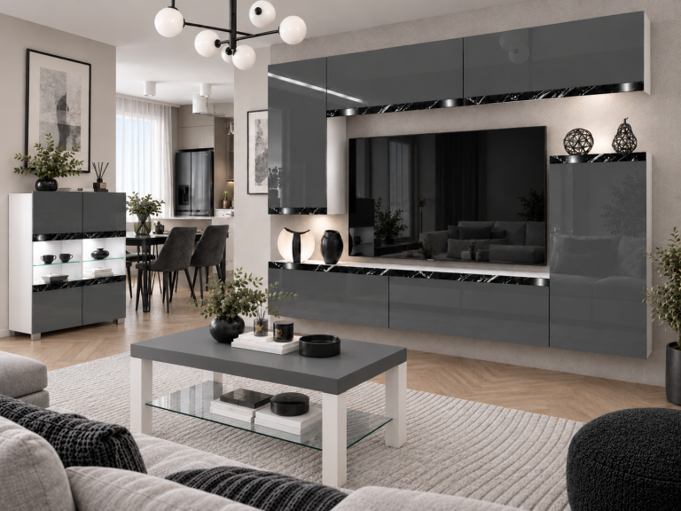 Mobilă sufragerie Prestige 250 cm pentru TV/RTV, gri lucios, Producător: IMP P Woody 8/5/W/S/0/0/CS