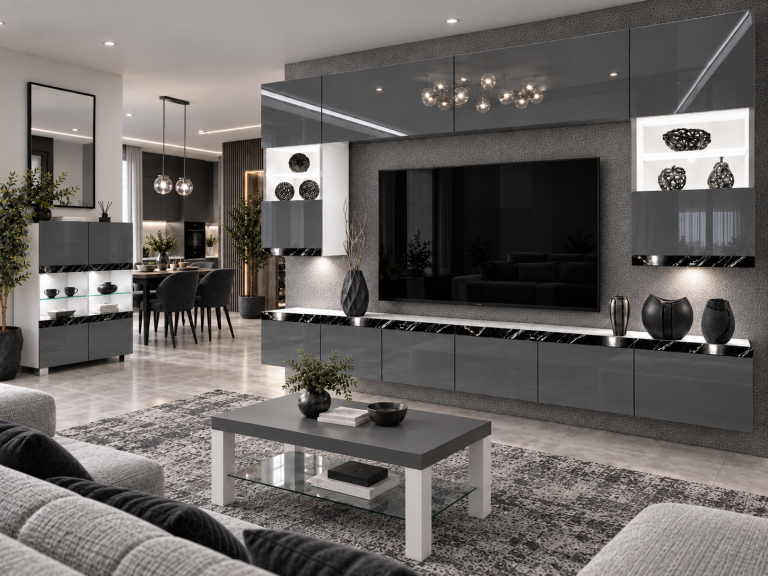 Mobilă de sufragerie Prestige 300 cm TV/RTV gri lucios Producător IMP P1 Nolan 1/5/W/S/0/0/CS