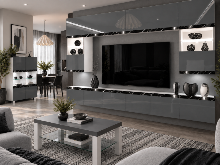 Mobilă de sufragerie Prestige 300 cm TV/RTV gri lucios Producător IMP P2 Nolan 1/5/W/S/0/0/CS