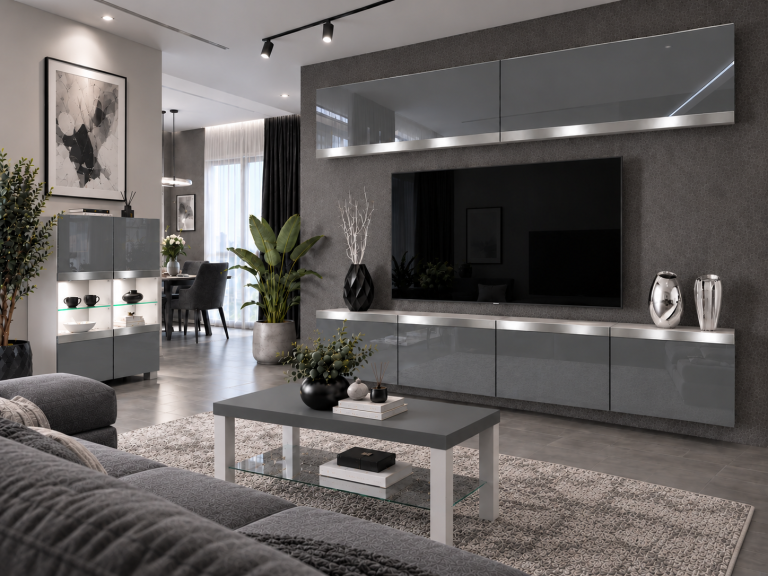 Mobilă de sufragerie Prestige 200 cm TV/RTV gri lucios Producător IMP P Brando 6/5/W/S/0/0/SL