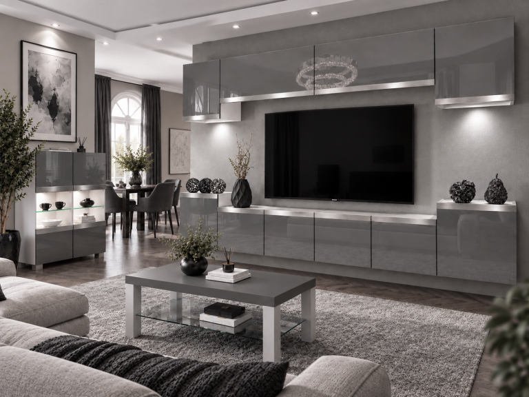 Mobilă de sufragerie Prestige 300 cm TV/RTV gri lucios Producător IMP P Hepburn 4/5/W/S/0/0/SL