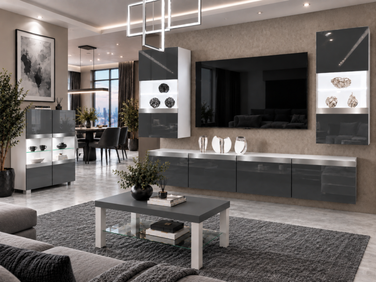 Mobilă sufragerie Prestige 200 cm pentru TV/RTV, gri lucios, Producător: IMP P Keanu 7/5/W/S/0/0/SL