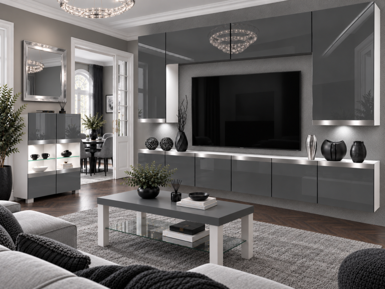Mobilă de sufragerie Prestige 300 cm TV/RTV gri lucios Producător IMP P Monroe 2/5/W/S/0/0/SL