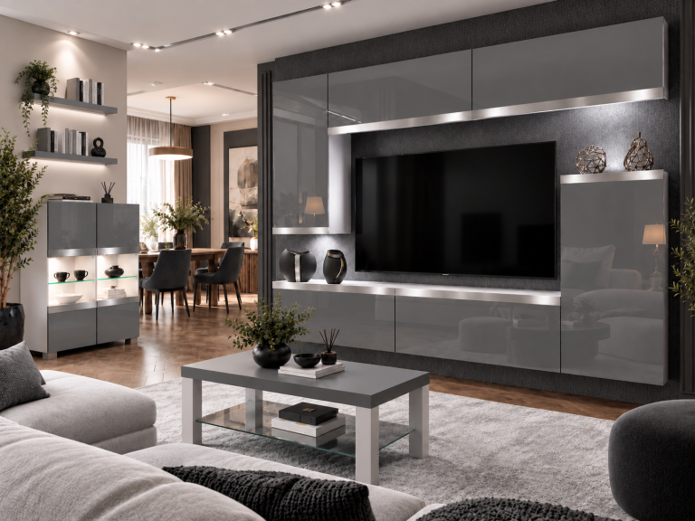 Mobilă sufragerie Prestige 250 cm pentru TV/RTV, negru lucios, Producător: IMP P Woody 8/5/W/B/0/0/SL