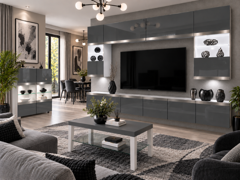 Mobilă de sufragerie Prestige 300 cm TV/RTV gri lucios Producător IMP P2 Nolan 1/5/W/S/0/0/SL