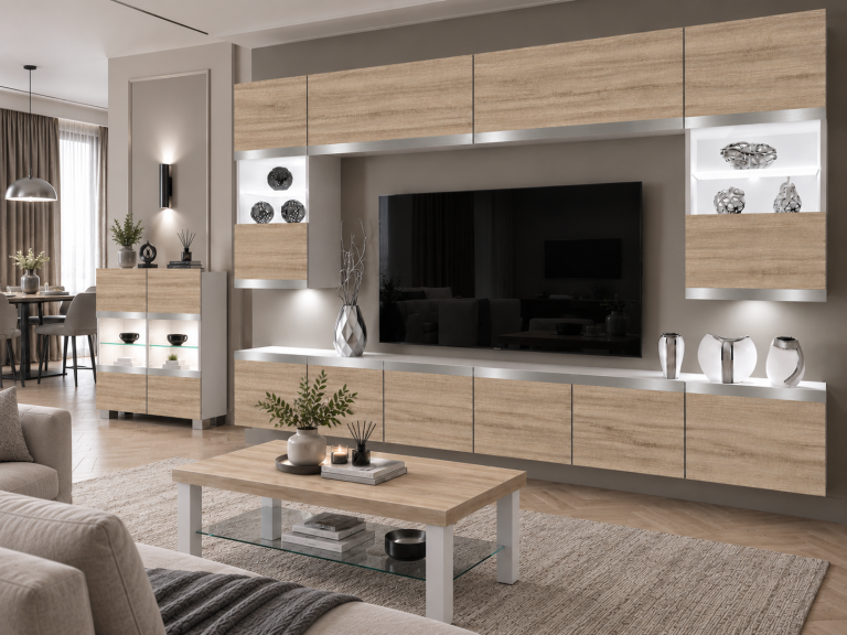 Mobilă sufragerie Prestige 300 cm TV/RTV stejar Wotan stejar Sonoma Producător IMP P2 Nolan 1/5/W/DS/0/0/SL
