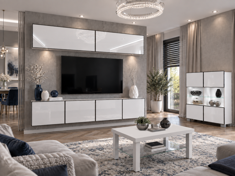 Mobilă de sufragerie Linea 200 cm TV/RTV alb lucios Producător IMP L Brando 6/5/W/W/0/0