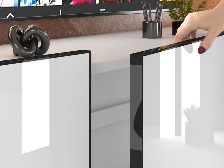 Mobilă de sufragerie Linea 200 cm TV/RTV alb lucios Producător IMP L Keanu 7/5/W/W/0/0