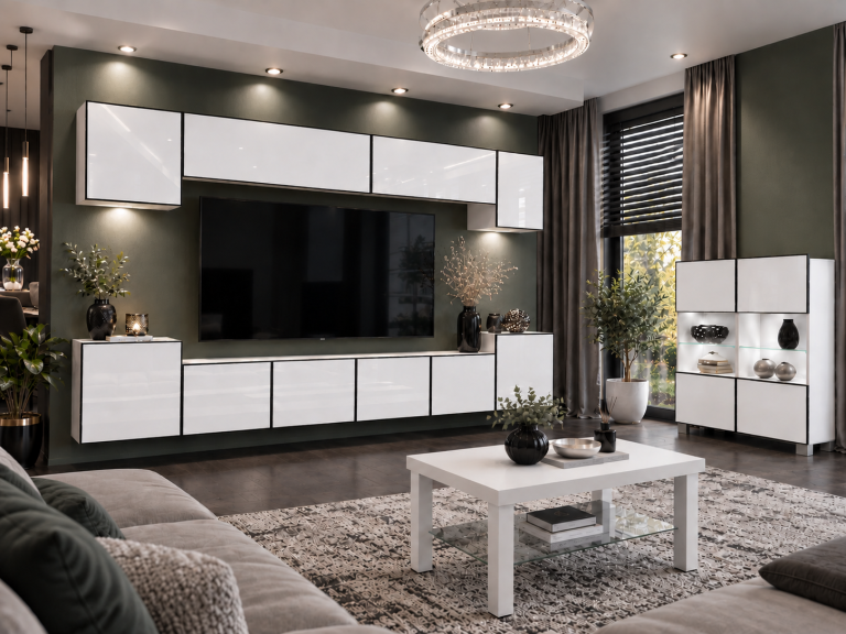 Mobilă de sufragerie  Linea 300 cm TV/RTV alb lucios Producător IMP L Hepburn 4/5/W/W/0/0