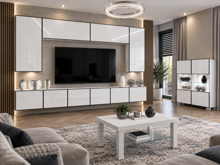 Mobilă de sufragerie Linea 300 cm TV/RTV alb lucios Producător IMP L Monroe 2/5/W/W/0/0