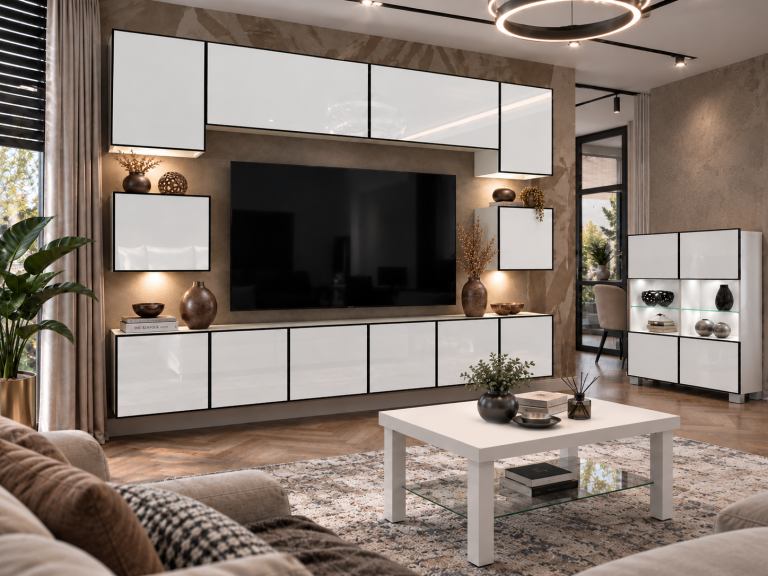Mobilă de sufragerie Linea 300 cm TV/RTV alb lucios Producător IMP L Tarantino 3/5/W/W/0/0