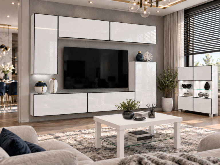 Mobilă de sufragerie Linea 250 cm TV/RTV alb lucios Producător IMP L Woody 8/5/W/W/0/0