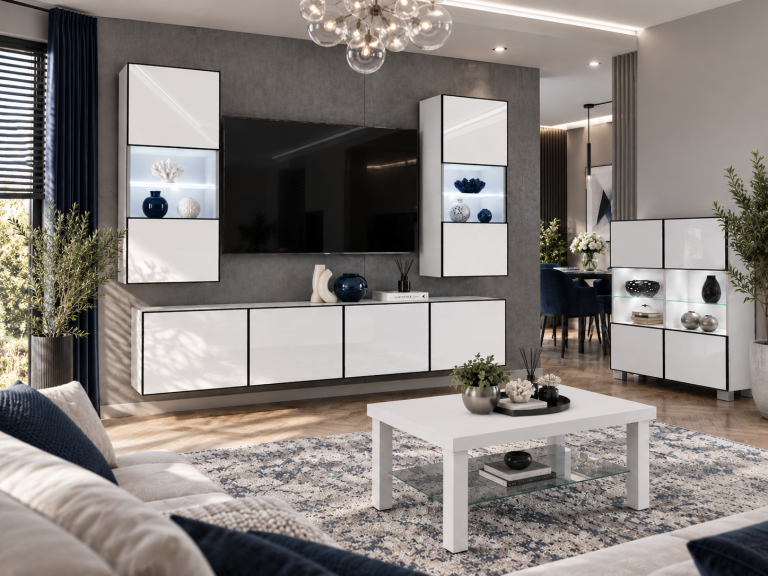 Mobilă de sufragerie Linea 200 cm TV/RTV alb lucios Producător IMP L Keanu 7/5/W/W/0/0