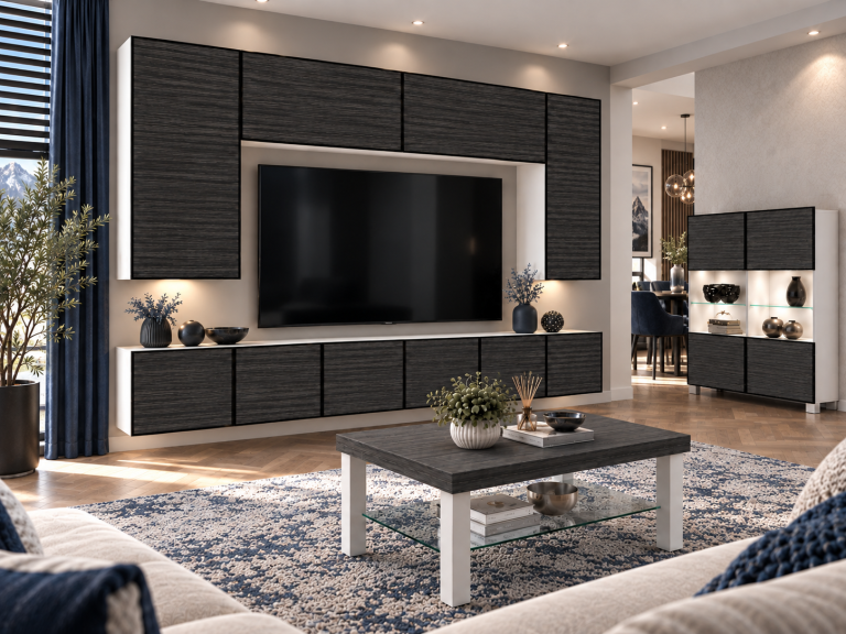 Mobilă de sufragerie Linea 300 cm TV/RTV negru abanos Producător IMP L Monroe 2/5/W/HK/0/0