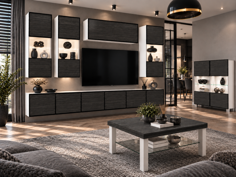 Mobilă de sufragerie Linea 300 cm TV/RTV negru abanos Producător IMP L Pacino 5/5/W/HK/0/0