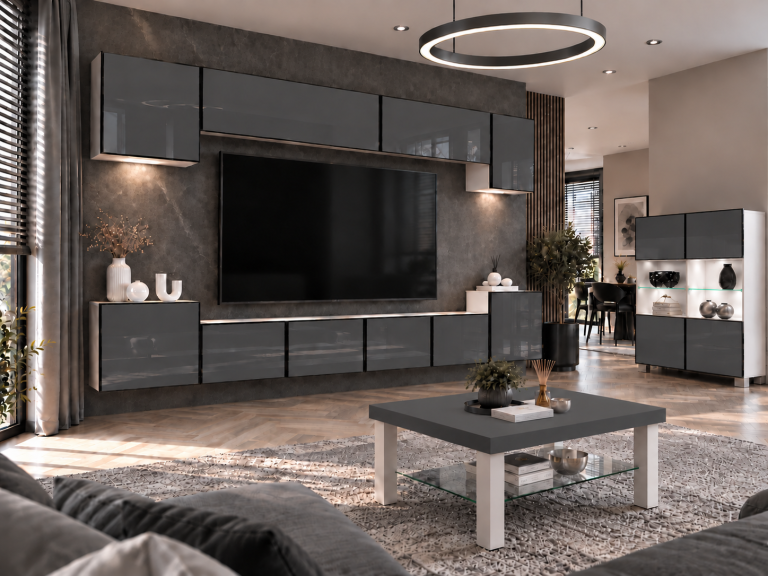 Mobilă de sufragerie  Linea 300 cm TV/RTV gri lucios Producător IMP L Hepburn 4/5/W/S/0/0