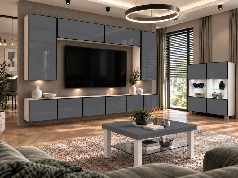 Mobilă de sufragerie Linea 300 cm TV/RTV gri lucios Producător IMP L Monroe 2/5/W/S/0/0