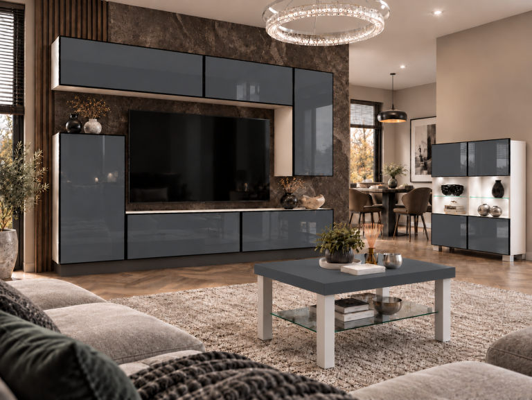 Mobilă de sufragerie Linea 250 cm TV/RTV gri lucios Producător IMP L Woody 8/5/W/S/0/0