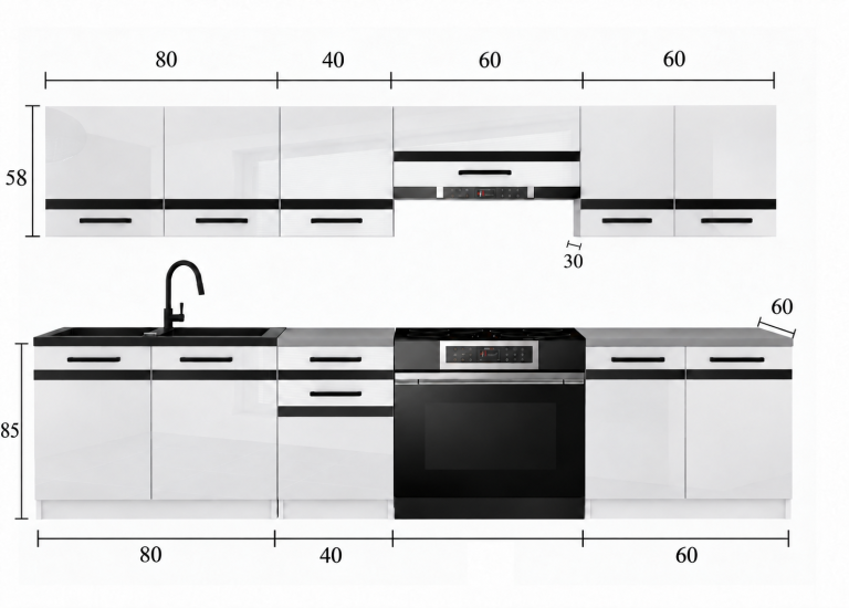 Mobilier de bucătărie Prestige 240 cm alb lucios fără blat Producător INF P Salvador/0/WT/W/BB/A1/CS