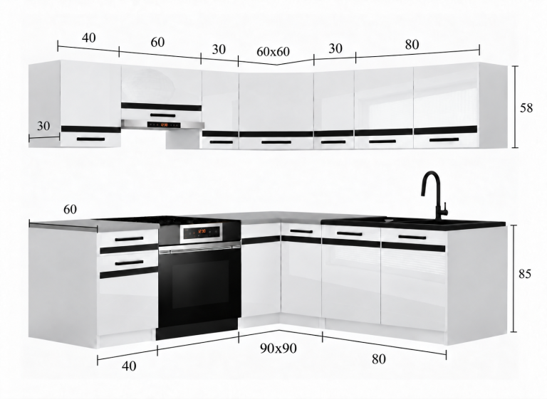 Mobilier de bucătărie Prestige 360 cm alb mat cu blat Producător TOR P Pablo/0/WT/WT/0/C1/SL