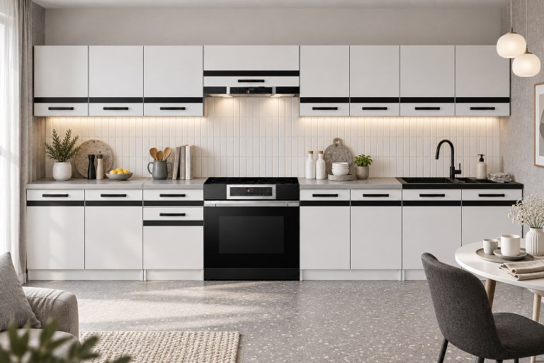Mobilier de bucătărie Prestige 320 cm alb mat cu blat Producător TOR P Vincent/0/WT/WT/0/A1/CM