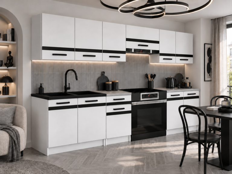 Mobilier de bucătărie Prestige 240 cm alb mat cu blat Producător TOR P Salvador/0/WT/WT/0/A1/CM
