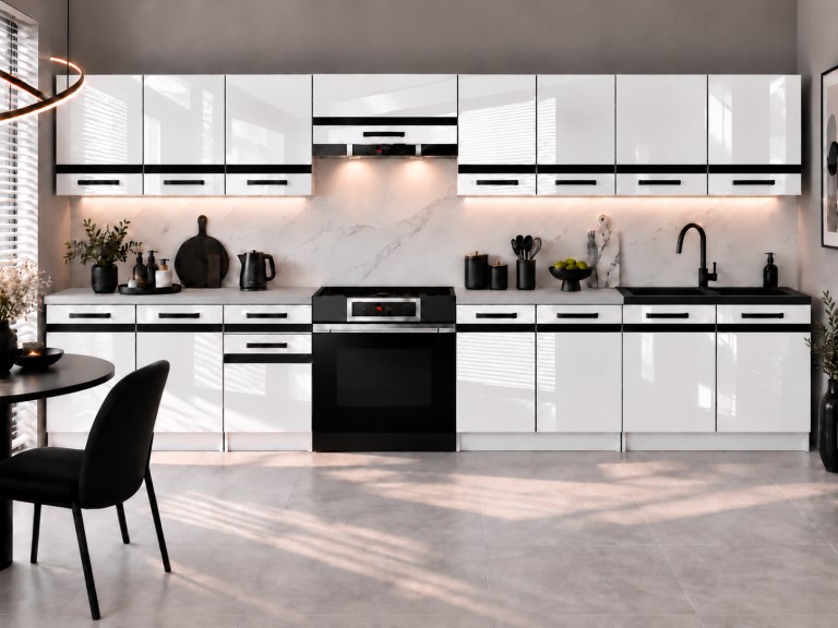 Mobilier de bucătărie Prestige 320 cm alb lucios fără blat Producător INF P Vincent/0/WT/W/BB/A1/CM