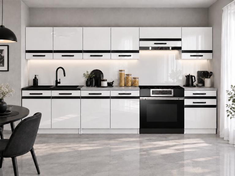 Mobilier de bucătărie Prestige 260 cm alb lucios cu blat Producător INF P Frida/0/WT/W/0/A1/CM