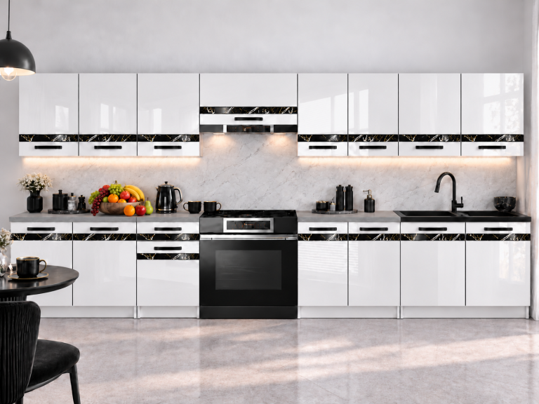 Mobilier de bucătărie Prestige 320 cm alb lucios cu blat Producător INF P Vincent/0/WT/W/0/A1/CS
