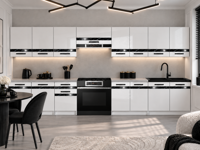 Mobilier de bucătărie Prestige 320 cm alb lucios cu blat Producător INF P Vincent/0/WT/W/0/A1/CS