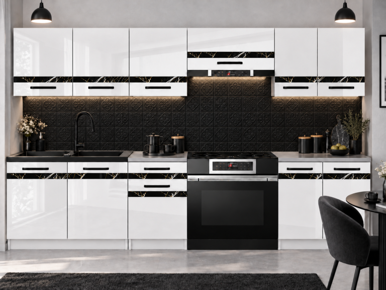 Mobilier de bucătărie Prestige 240 cm alb lucios fără blat Producător INF P Salvador/0/WT/W/BB/A1/CS