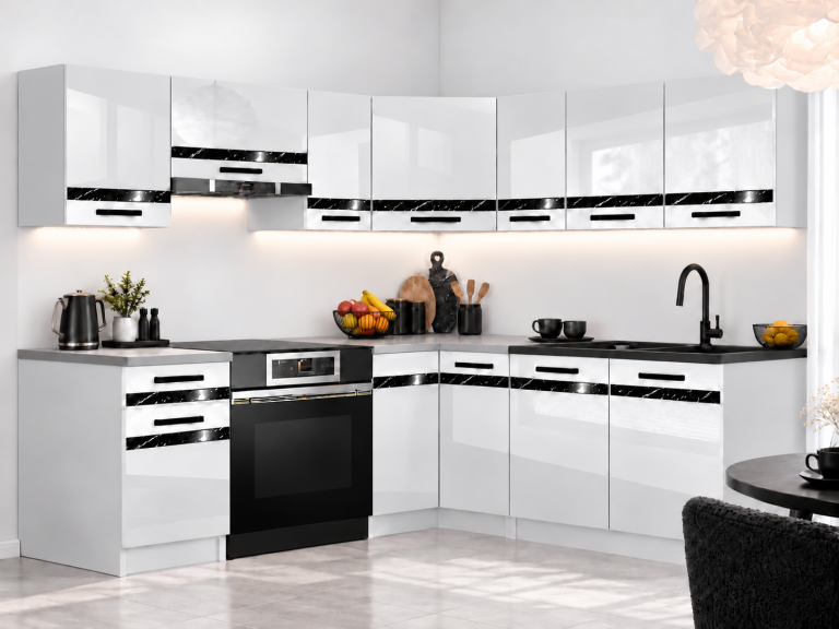 Mobilier de bucătărie Prestige 360 cm alb lucios cu blat Producător INF P Pablo/0/WT/W/0/A1/CS