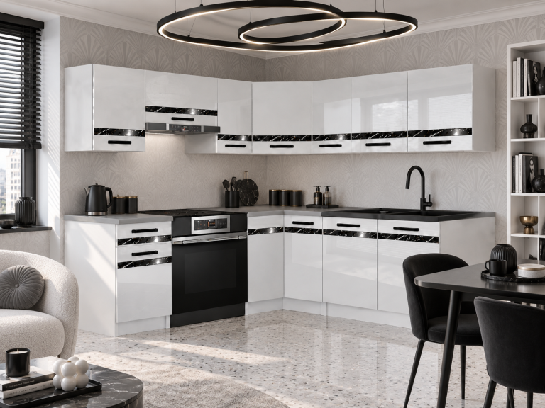 Mobilier de bucătărie Prestige 360 cm alb lucios cu blat Producător INF P Pablo/0/WT/W/0/A1/CS