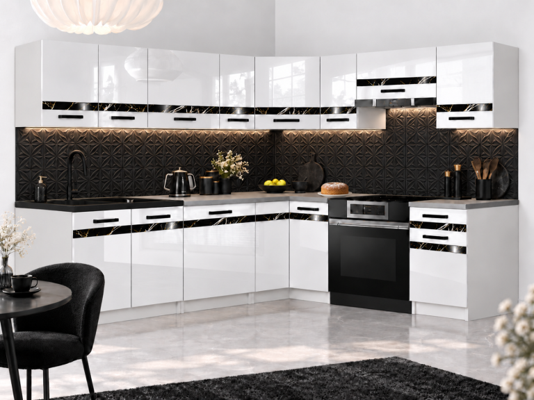  Mobilier de bucătărie Prestige 420 cm alb lucios cu blat Producător INF P Gustav/0/WT/W/0/Z1/CS