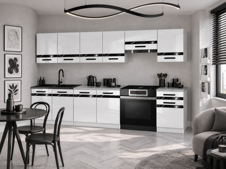 Mobilier de bucătărie Prestige 260 cm alb lucios fără blat Producător INF P Frida/0/WT/W/BB/A1/CS